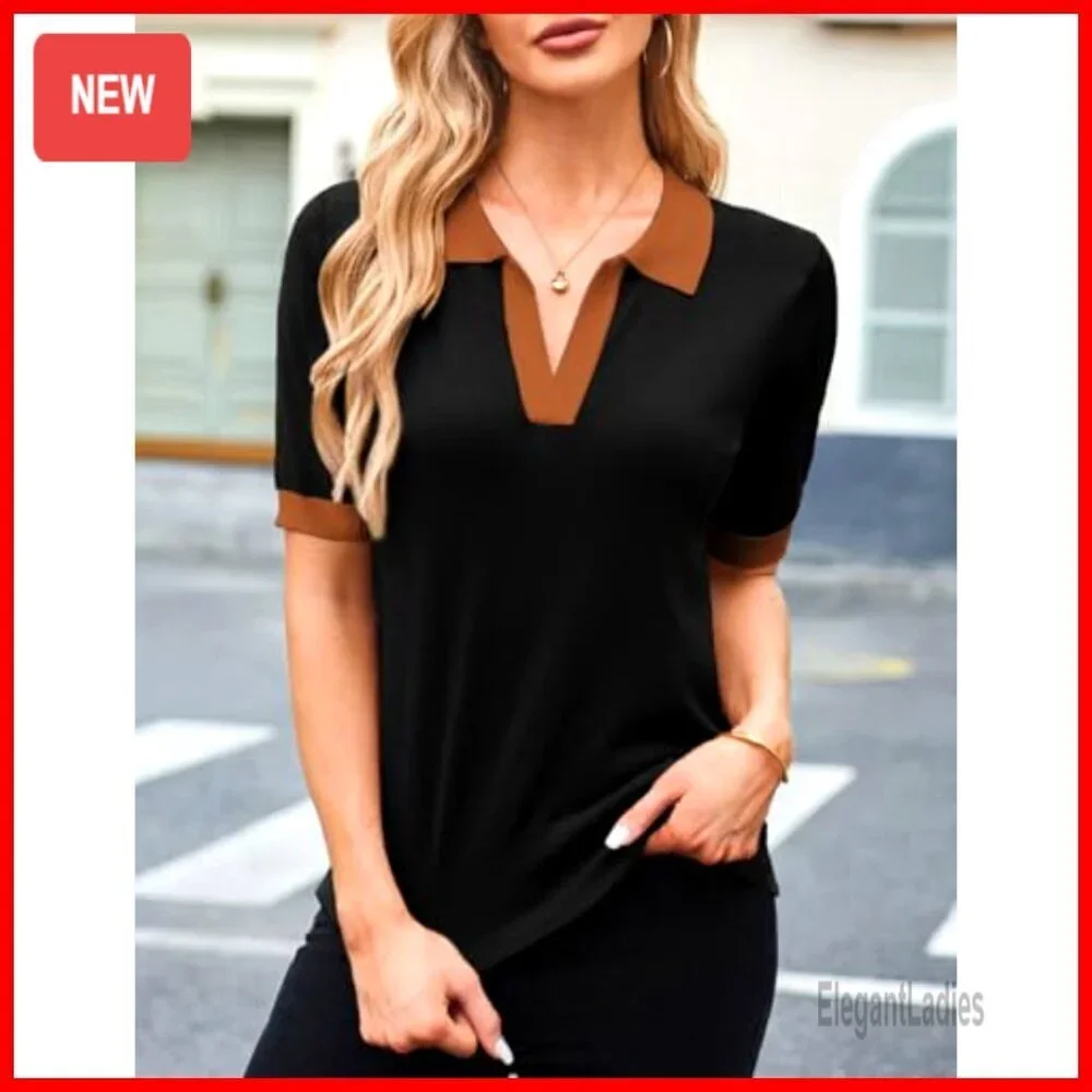 Short Sleeve V-Neck Polo Sweater, Ribbed Knit Pullover, Casual Loose Fit